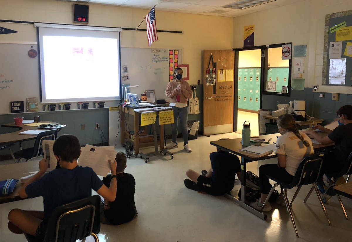 Our Literacy Coach, Mrs. Barr, introduced signposts (and herself) to some of our 6th graders today! #readerswritersthinkers #literacy #fiction