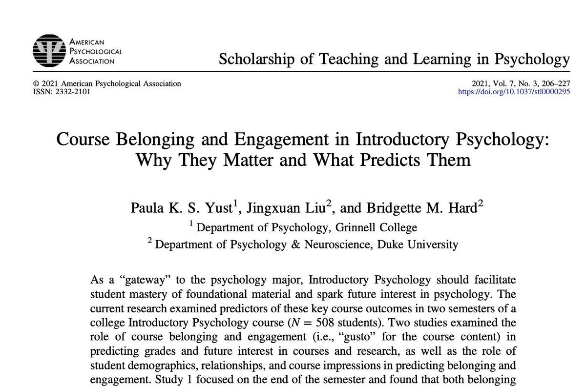 My new paper with <a href="/bmartinhard/">bridgette martin hard</a> and Jing Liu finds that belonging in Intro Psych and "gusto" for the content predict grades; only gusto predicts future psych interest. Student, course, and peer factors contributed to both belonging &amp; gusto. Read more here: psycnet.apa.org/record/2021-92…