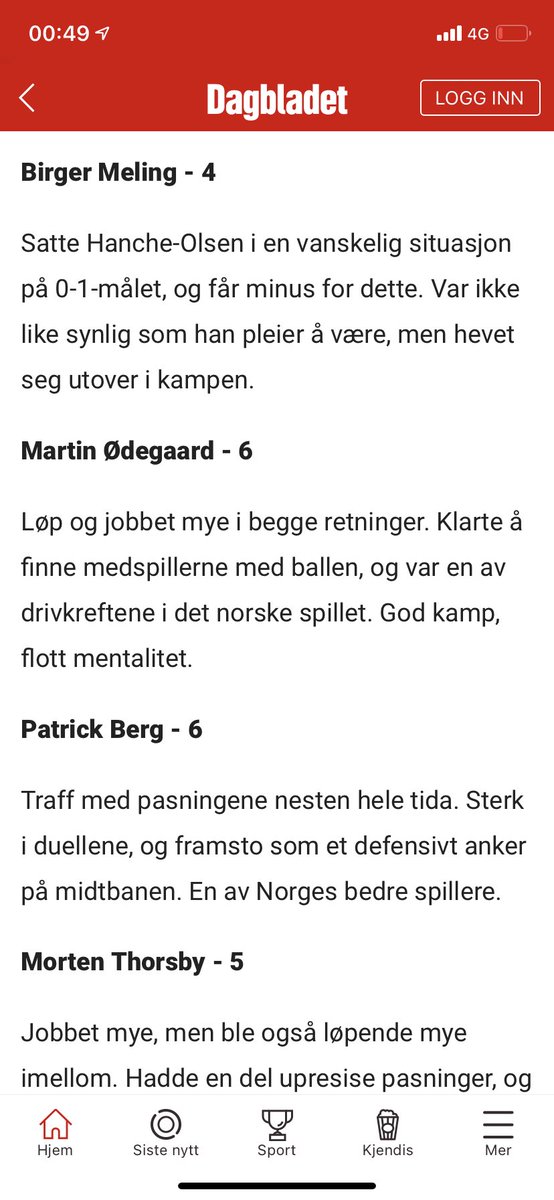 Patrick Berg og Martin Ødegaard med samme karakter i dagbladet. Helt utrulig at det går an