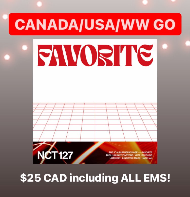 nctzenxGOs's tweet photo. RT! [#nctzenxGOs] NCT 127 Favorite Repackage Album GO - Canada/USA/WW Group Order

🌱$25 CAD, includes ALL EMS + customs
🌱PC sorting/sealed/inclusions only
🌱Will go to a fansign
🌱Pickups: Vancouver

🌱Form: https://t.co/y3TMUJ12fw
‼️Closes: TBD

US Favourite repack versions https://t.co/WVlKDgqi36