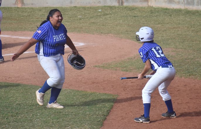 Cyril’s only run in the 1-0 win over Navajo came from the bat of Lily Eckiwaudah. Kyanna Wilson reached base earlier in the inning. #okpreps <a href="/CyrilPirates/">Cyril High School</a>