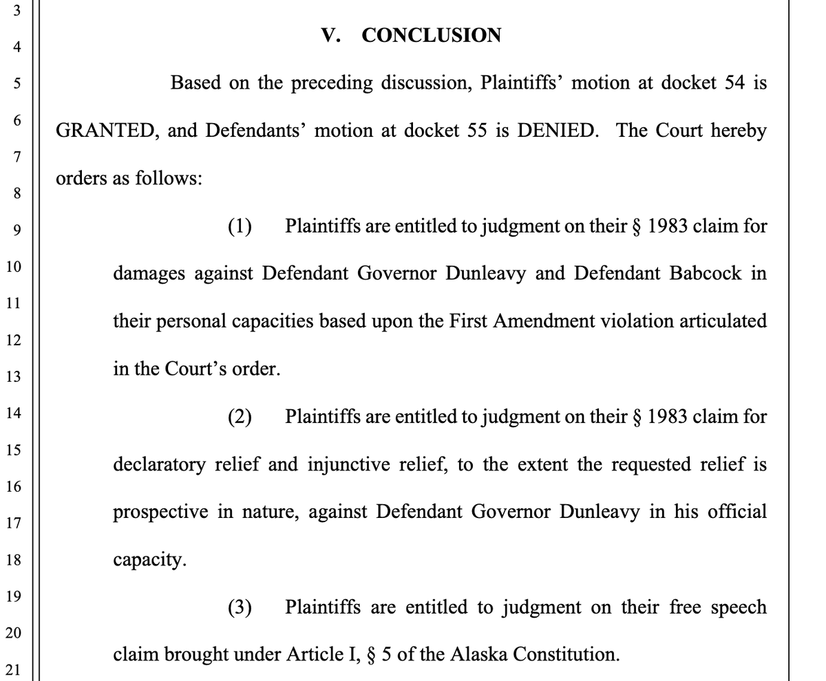 AK_cases_bot's tweet photo. The federal district court has ruled that Gov. Dunleavy and former COS Babcock unconstitutionally fired 2 former state employees: "Plaintiffs are entitled to judgment on their § 1983 claim for damages against Defendant Governor Dunleavy and Defendant Babcock" #aklaw https://t.co/5bUi1fqxo0