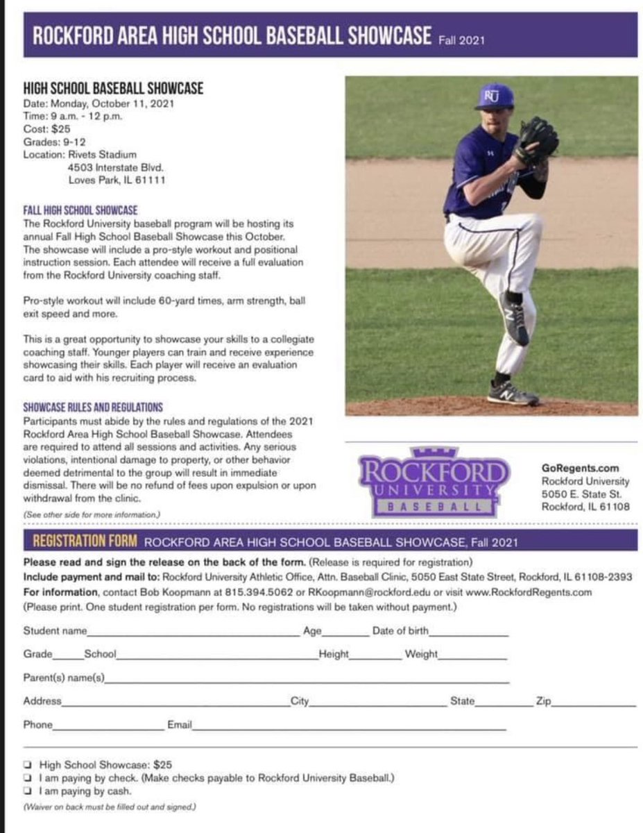 No school on Monday Columbus Day come on out to the Rockford University showcase at Rivets Stadium. #RUready⚾️.