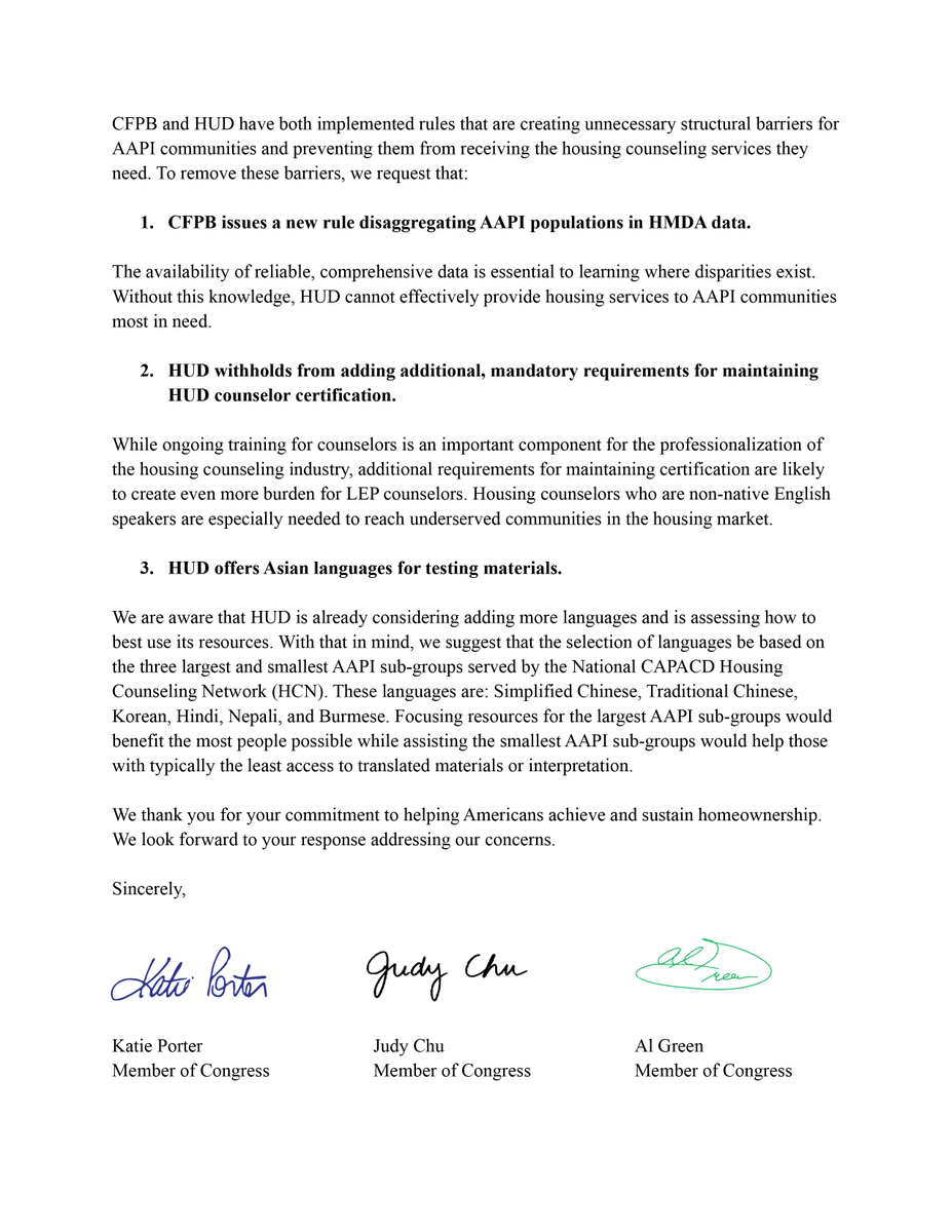 TeamKatiePorter's tweet photo. Not only did the Trump Administration make it harder for some AAPI communities to get help navigating the housing market, they also enabled predatory lenders to target Asian Americans. My colleagues and I are urging the Biden Administration to end these discriminatory policies ⬇️ https://t.co/URG9ZSShcv