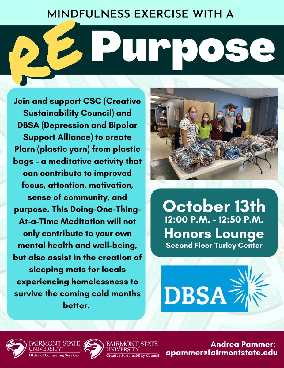 Be sure to join us next week for our first plarn-making event! ♻️ Bring some plastic grocery bags and put them to good use! 💚 This event will occur Oct. 13 from 12:00-12:50 in Turley 231 (Honors Office).