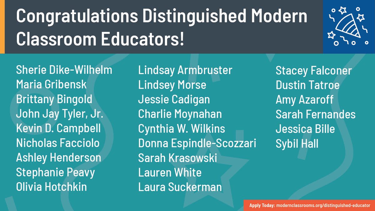 modernclassproj's tweet photo. Congratulations to our new Distinguished Modern Classroom Educators (DMCE's)!! DMCEs are educators who run blended, self-paced, mastery-based classrooms of their own. They implement our instructional model effectively so that each of their students truly learns. https://t.co/3DmOOMvpNL