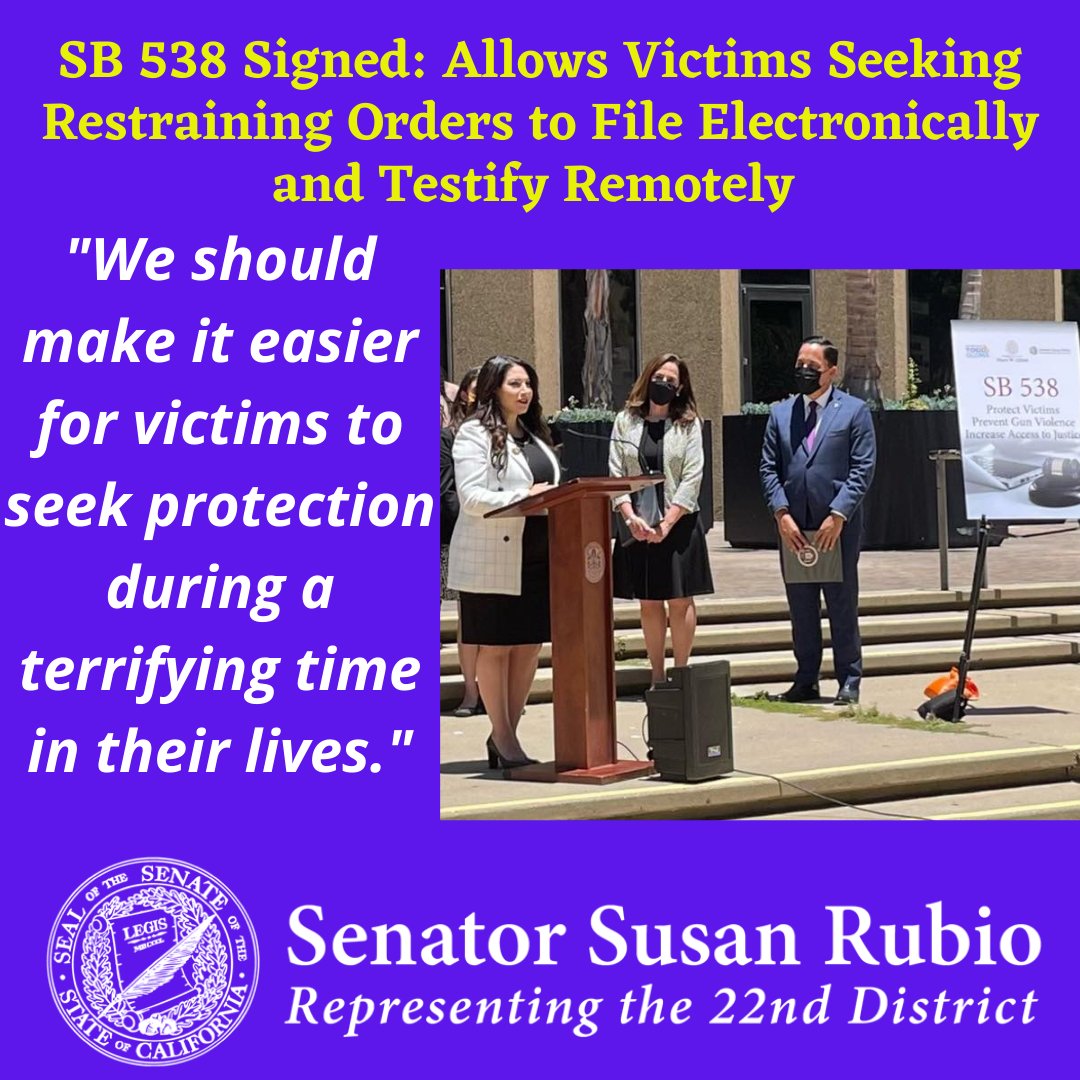 SenSusanRubio's tweet photo. Another victims' protection bill signed! #SB538 allows victims to e-file #domesticviolence and #gunviolence #restrainingorders &amp; testify remotely. Thanks to @MayorToddGloria, SD City Attorney @MaraWElliott  for collaborating w/ me #domesticviolence https://t.co/REVAZjMPNJ https://t.co/RmLQz4orRa