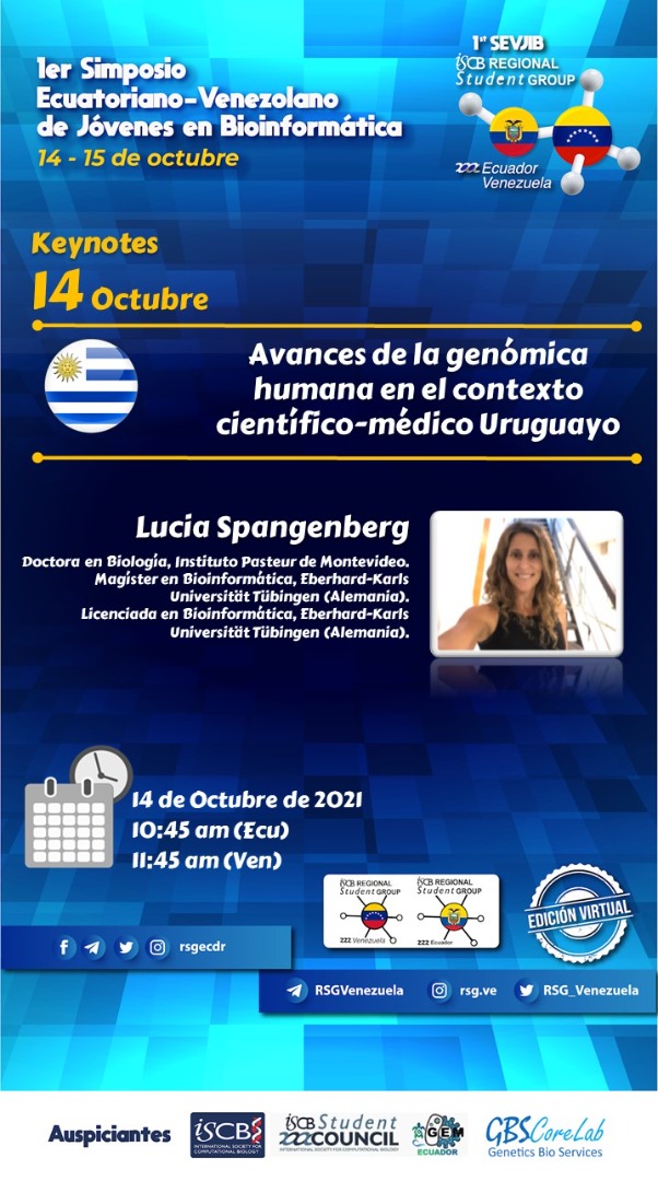 RSG_Venezuela's tweet photo. Es un placer anunciar a nuestra Keynote Lucía Spangenberg @Lu_span investigadora del @IPMontevideo quien nos hablara sobre la #Genómica Humana en #Uruguay
Jueves #14Oct
Si quiera asistir a nuestro #1SEVJIB solo inscribete aquí: https://t.co/dhibW8EpQx https://t.co/c332I3c4zO