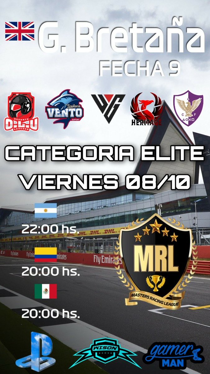 CATEGORIA ELITE
F1 2️⃣0️⃣2️⃣1️⃣🏎
FECHA 9 🇬🇧
22:00HS 🇦🇷
🎙🎧RELATOS
NAZA Y MAUBO 

<a href="/Heritagearg/">Heritage Esports</a>
<a href="/cafenix_esports/">Centro A. Fénix | Esports</a>
<a href="/ScuderiaVento/">Scuderia Vento</a>
<a href="/Ravens__esports/">Raven`s</a>
<a href="/ORMAsimracing/">ORMA Simracing Team</a>

twitch.tv/mastersracingl…
