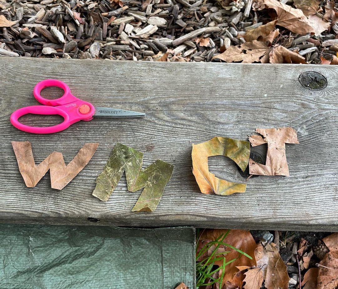 While we collect leaves for mulching the garden this fall, we are discussing how worms decompose leaves to become part of the soil structure. A fun way to break up our leaves like worms is to cut out the letters of our names! #schoolgardens