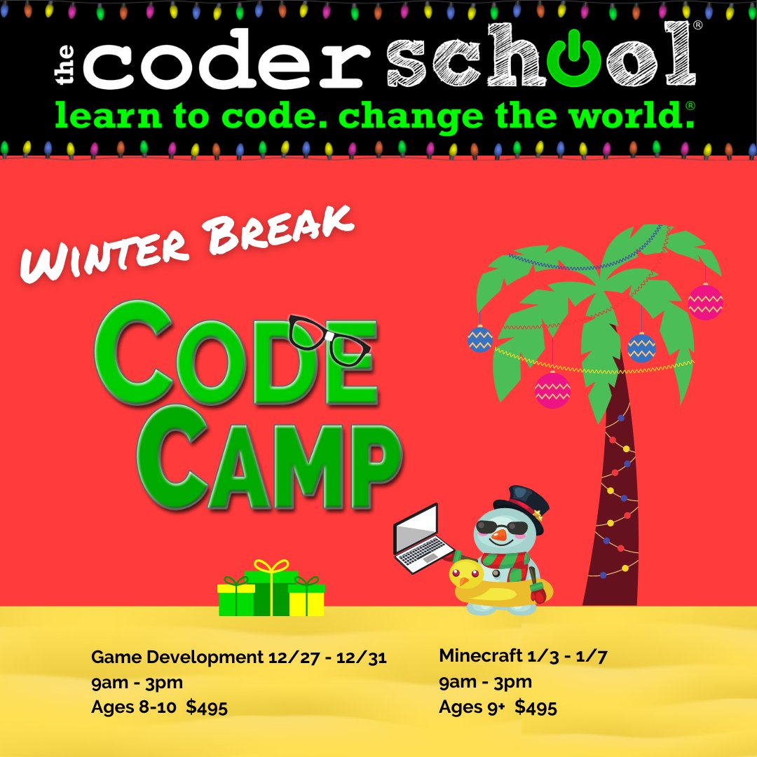 CoderSchoolSRQ's tweet image. Planning ahead for winter break? Join us for one of our #code camps this winter! Choose from game dev or minecraft coding. Drop off camps are held from 9am-3pm, Monday through Friday. Kids bring their own lunches and water bottles, and we will take care of the rest!
#coding