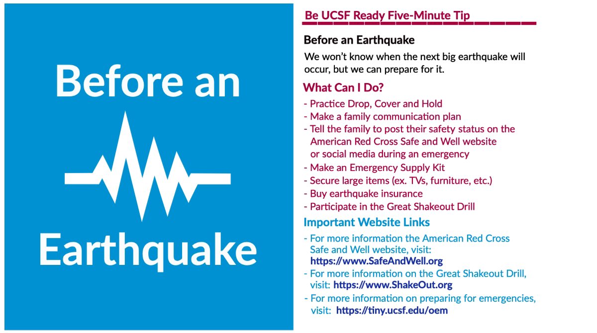 UCSFHealthEM's tweet photo. We won’t know when the next big earthquake will occur, but we can prepare for it. 

- Practice Drop, Cover and Hold
- Make a family communication plan
- Tell the family to post their safety status on the American Red Cross Safe and Well website or social media during an emergency https://t.co/7L7oeUi039