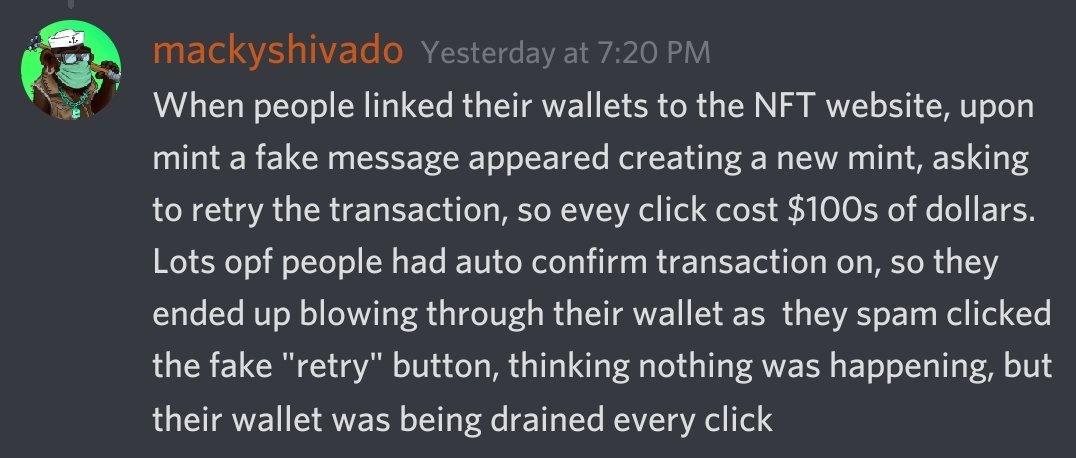 djshamss's tweet photo. Do not #autoapprove any wallet interactions.
Welcome to the era of #minting and being #scammed left, right and center.
#NFT aint all love and art and beauty.
Also risk the money you can afford t lose in #NFTs
95% of these glarious projects will Go to #shit.
Financial Advice. https://t.co/bdS94pEuq5