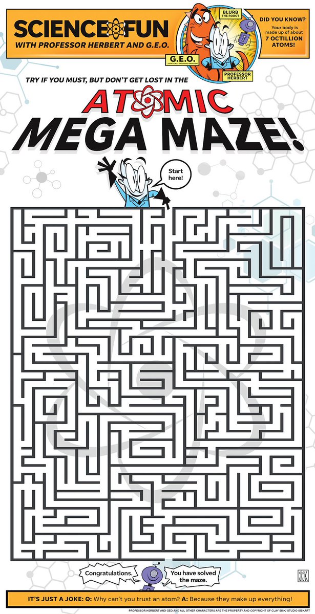 SiskartStudio's tweet photo. Try if you will, but don't get lost in THE ATOMIC MEGA MAZE! SCIENCE FUN with PROFESSOR HERBERT and G.E.O.! Only in newspapers! @herbertandgeo @claysisk https://t.co/W3HUiQL3j1