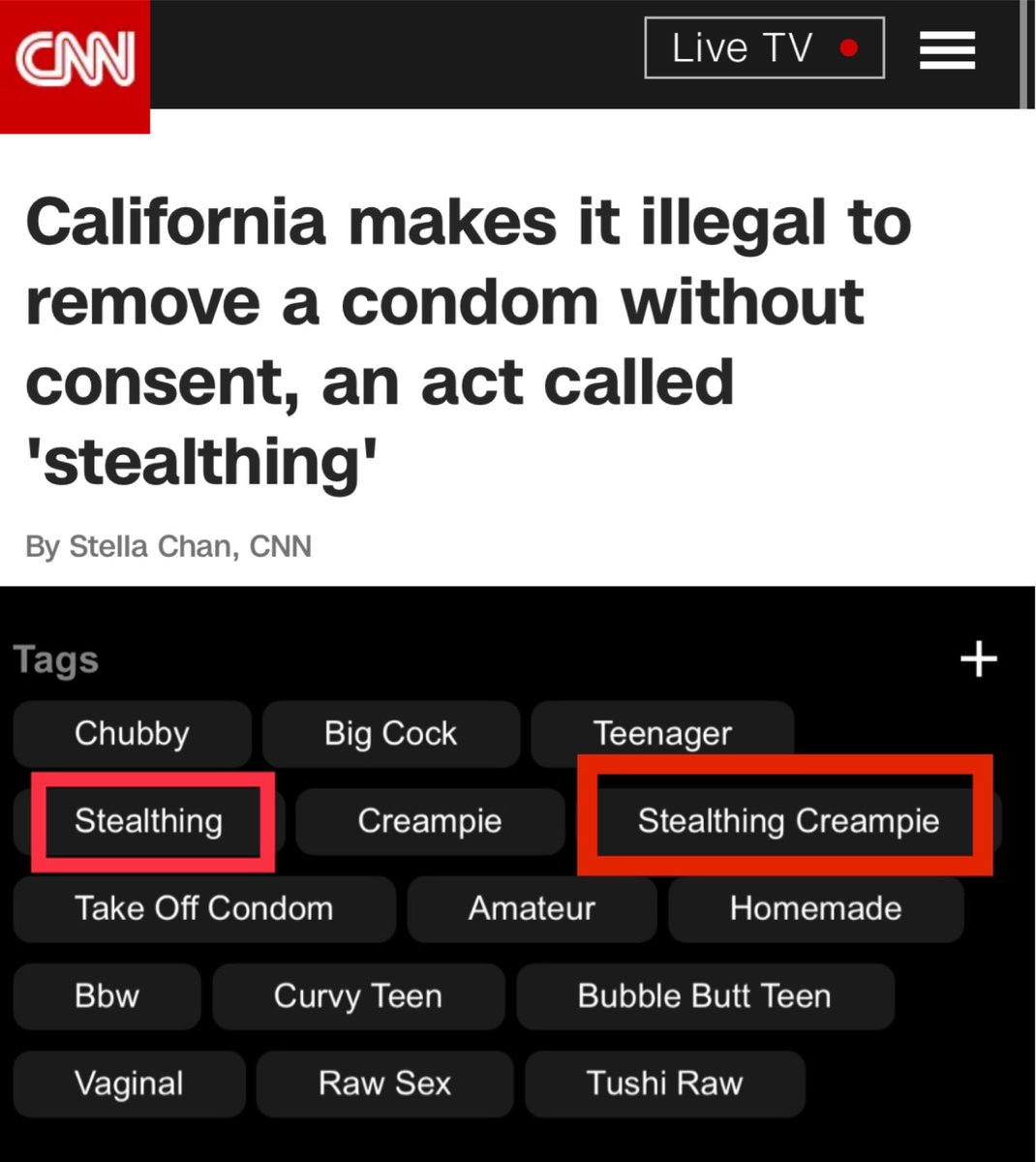 “Stealthing” is the act of secretly removing a condom during sex without consent. California has made stealthing illegal and has named it an act of sexual battery. Meanwhile on the Pornhub crime scene…#Traffickinghub Shut it down. 