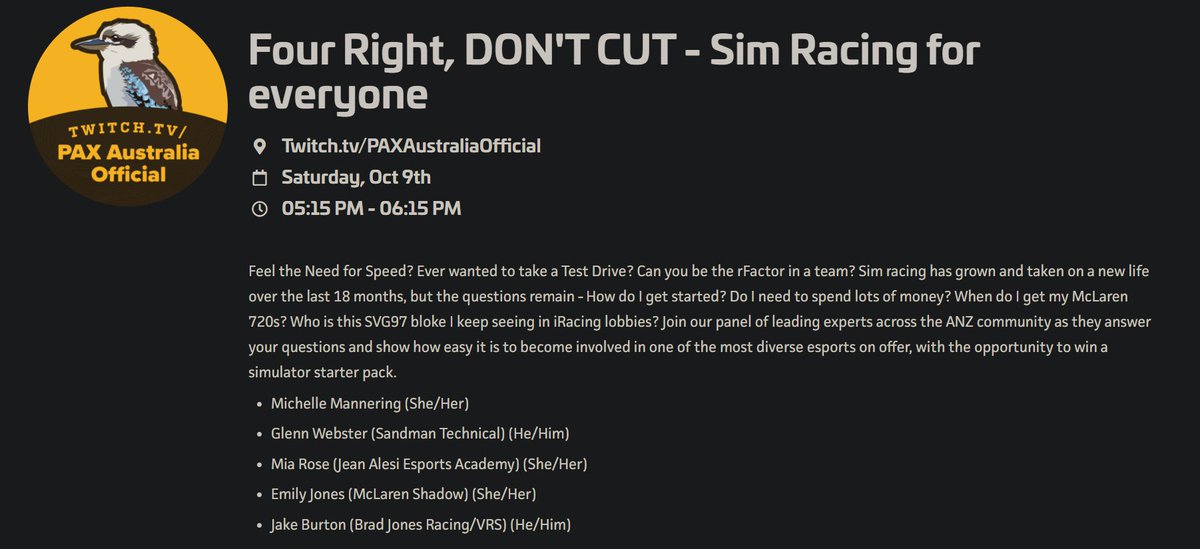 MishManners's tweet image. T minus 1 hour until our sim racing panel. We're live on the main #PAXAus channel at 5.15pm AEDT 👇
twitch.tv/PAXAustraliaOf…

Talking all things racing, how you can get involved, &amp;amp; opportunities for you. There's also the chance to win a sim racing setup thanks to @SandmanTech