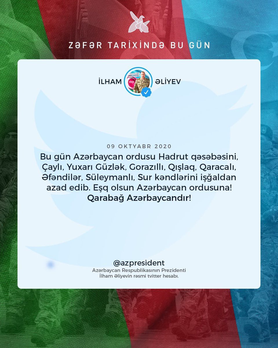 DMFANakhchivan's tweet image. Ötən ilin bu günü müzəffər Ali Baş #Komandan, cənab Prezident İlham Əliyevin rəhbərliyi ilə rəşadətli #Azərbaycan Ordusunun qəhrəmanlığı və fədakarlığı nəticəsində #Hadrut qəsəbəsi işğaldan azad edildi. 🇦🇿
#Hadrut bizimdir! 
#QarabağAzərbaycandır
#KarabakhisAzerbaijan
