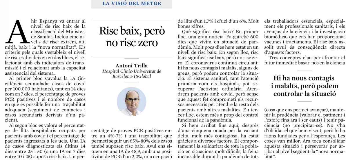 ToniTrilla's tweet photo. Risc baix no vol dir risc zero.
Entrem en zona de risc baix: indicadors amb molt bones dades.
Arribar aquí ha estat dur i difícil per a tothom.
Cal consolidar aquesta tendència i aconseguir el control funcional.
Ciència, prudència i paciència són clau.
@LaVanguardia https://t.co/FzFDwOr22E