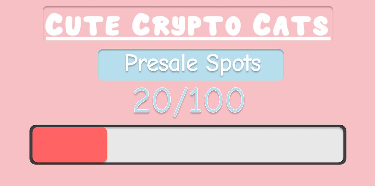 CuteCryptoCats's tweet photo. CUTE CRYPTO CATS PRESALE
🚨20 / 100 Presale Spots have been taken!🚨

✅https://t.co/n4kAskJXSS

Join our Discord to secure your spot and see some early sneak-peaks!
✅FREE NFT GIVEAWAYS!
✅FREE AIRDROPS

#NFT #presale https://t.co/Uol0IjJgbF