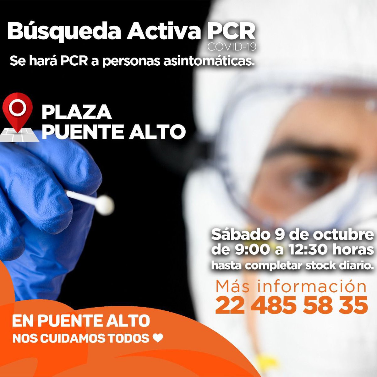 #OperativoPCR 
Sábado 9 de octubre te esperamos en 
Plaza Puente Alto.

Más detalles👇