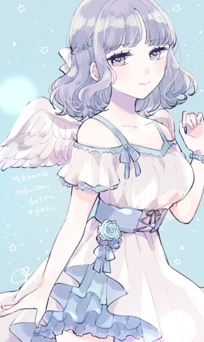 1girl wings dress solo angel wings smile blue hair  illustration images