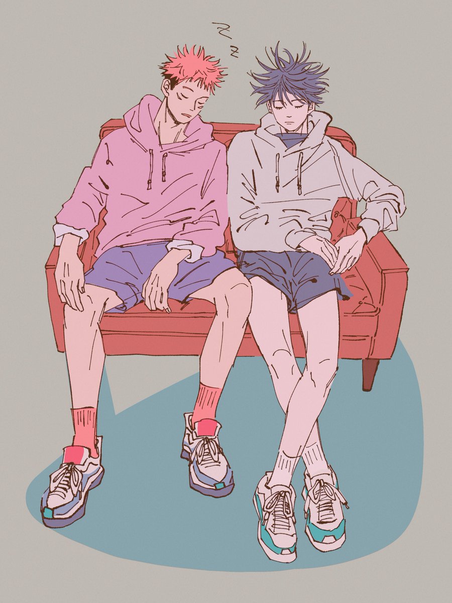 fushiguro megumi ,itadori yuuji 2boys multiple boys hoodie hood shorts sleeping pink hair  illustration images