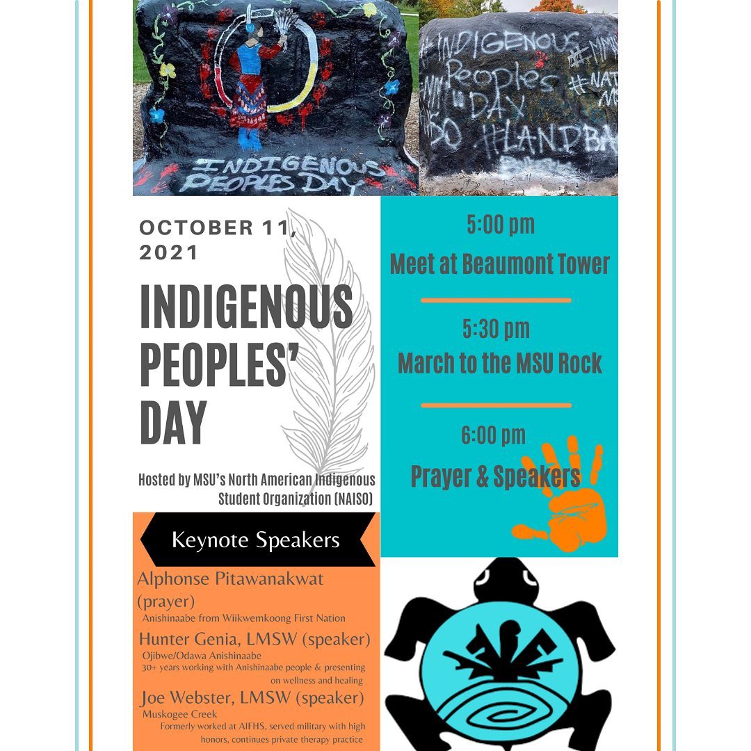 MSUbats's tweet photo. Hey there! Did you know that Monday is Indigenous Peoples' Day? Join us at Beaumont Tower on MSU's campus at 5:00pm on October 11 to hear some awesome speakers and celebrate Indigenous communities. https://t.co/tN4A49U8EE