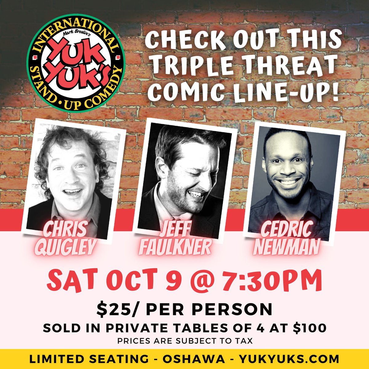 Check this KILLER line-up this Saturday on the Yuk Yuk's Oshawa stage. Triple the fun, triple the laughs! Buy your tickets today yukyuks.com/Oshawa.

- Proof of Vaccination Mandate in Effect
- Cash Bar &amp; Menu

#Oshawa #Durham