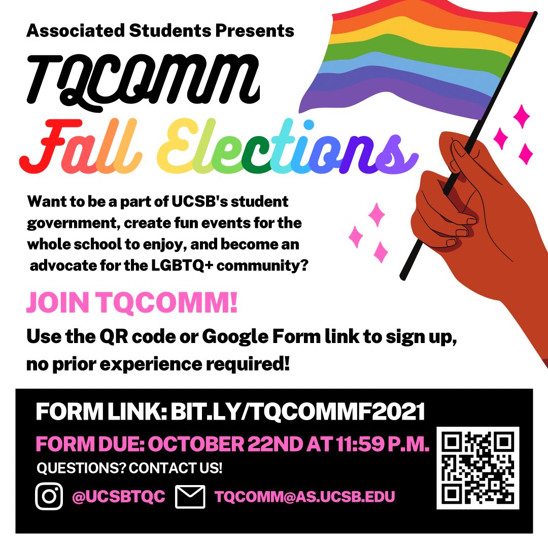 UCSBTQC's tweet photo. Our fall elections are now OPEN until the 22nd! 🎉✨ Everyone of all grad years and experience levels are encouraged to apply for our many available positions! Email tqcomm@as.ucsb.edu for any questions you might have 💖💖 https://t.co/MuH4V0M5xy