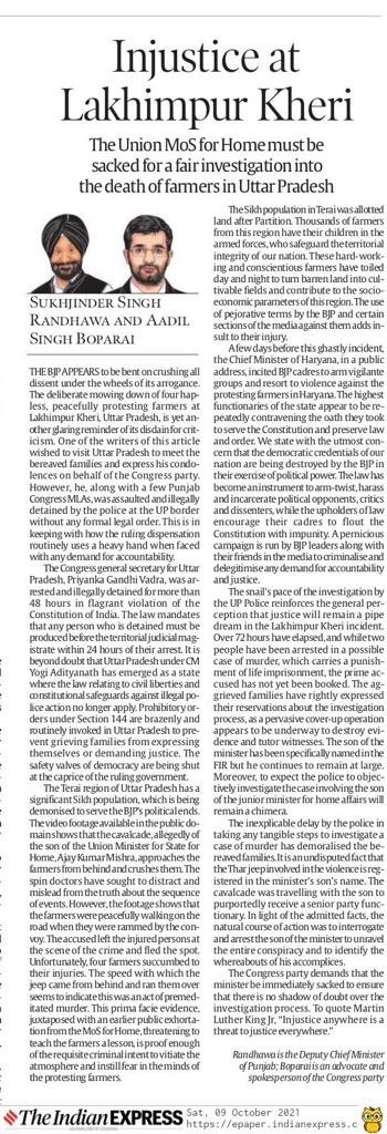 AadilBoparai's tweet photo. Injustice at Lakhimpur Kheri.

Shri @Sukhjinder_INC ji and I write in the @IndianExpress on the Lakhimpur issue.

#Farmers https://t.co/pTJvxedd3w