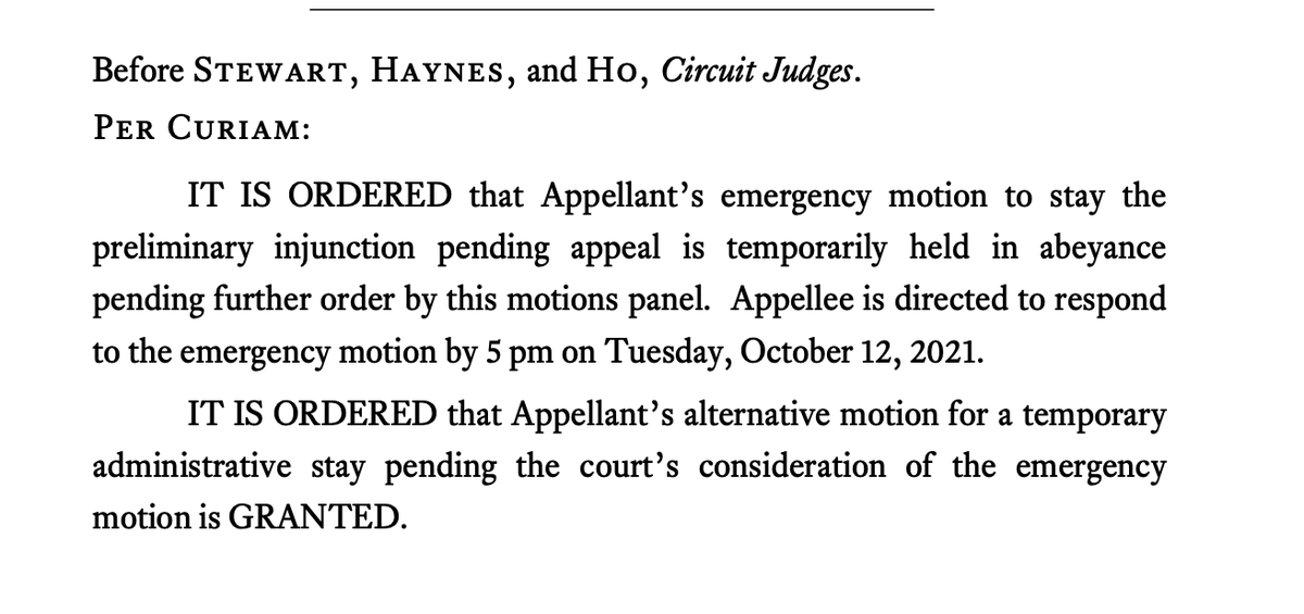 mattlargey's tweet photo. BREAKING: A federal appeals court has granted a temporary stay of a lower court's ruling blocking enforcement of Texas' #SB8, banning most abortions. https://t.co/XVYzCM5Lbq