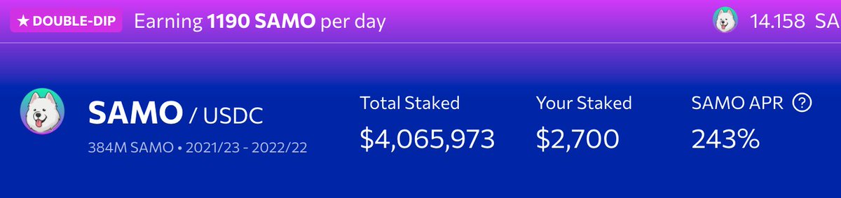 $SAMO to the MOON!!☺️🚀
If you stake in Orca you can get 243%APR  as well🤭