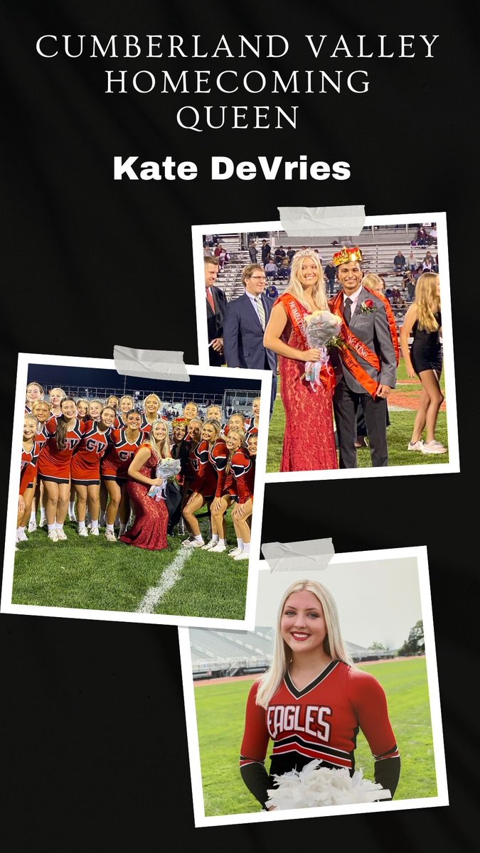 CVCheerleading's tweet photo. Congratulations to Cumberland Valley Homecoming Queen Kate DeVries! ❤️👑. We love you! https://t.co/GzCVFdz0ob