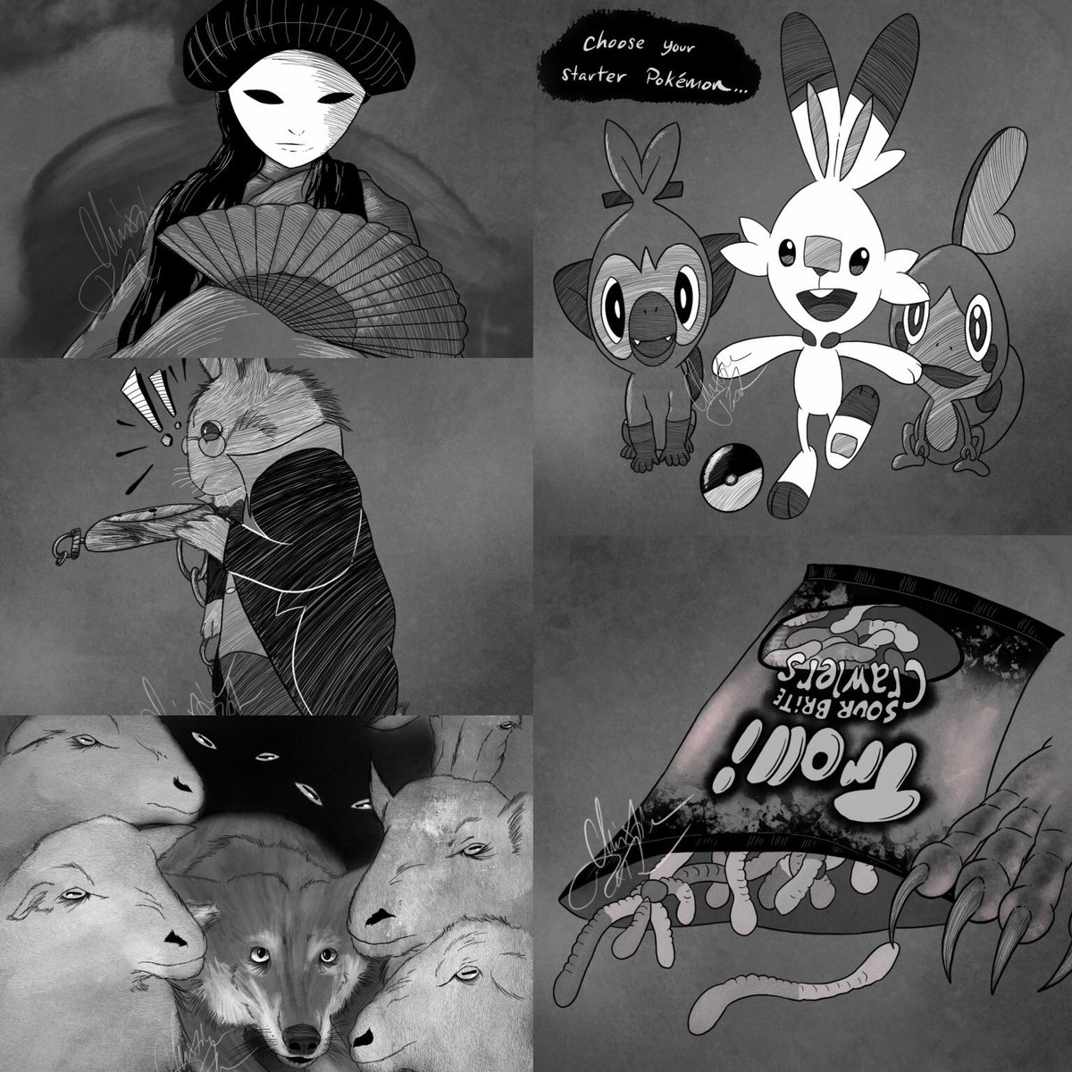 SNecronomicon's tweet photo. Inktober 7-11 

#inktober #inktober2021 #art #procreate #littlenightmares #pokemon #PokemonSwordandShield #AliceInWonderland #animalart https://t.co/qwuQjbrEFA
