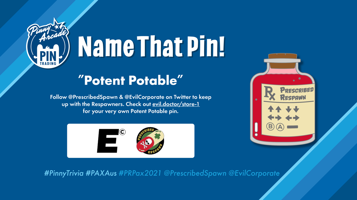 pinny_arcade's tweet photo. It's the Potent Potable pin! Congrats to @Marshu_arts and @justhereforpax Follow @PrescribedSpawn & @EvilCorporate on Twitter to keep up with the Respawners and check out https://t.co/Hu1jmY68dg for your very own Potent Potable pin!#PinnyTrivia #PAXAus #PRPax2021 https://t.co/wtods11WUr