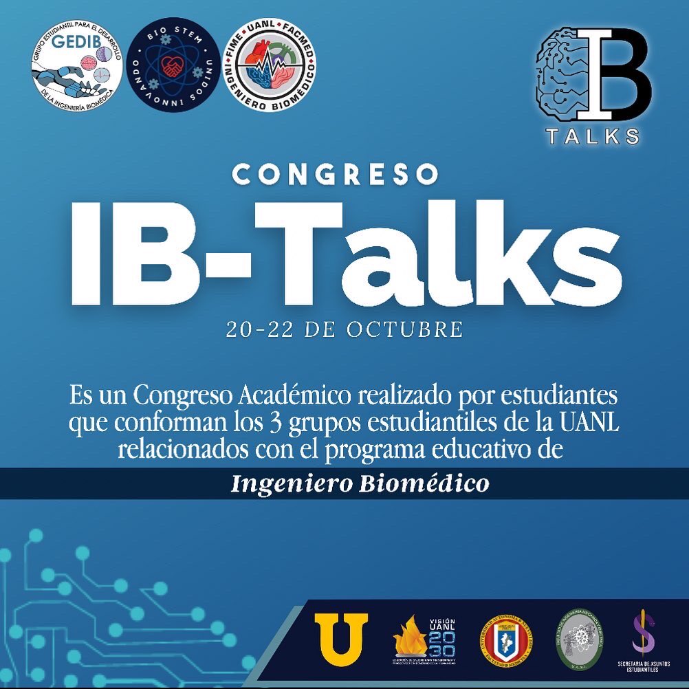 IbtalksUanl's tweet photo. ¡Te invitamos a la primera edición del congreso IB-TALKS del 20-22 Octubre! 

Enfocado en 3 ramas: Ing. Clínica, Ing. Tisular y Neuroingeniería 🦾🧬🧠

📌 Regístrate aquí: https://t.co/22fWZNksLj

#ibtalks #ingenieria #medicina #uanl https://t.co/3Pvo0bdGXT