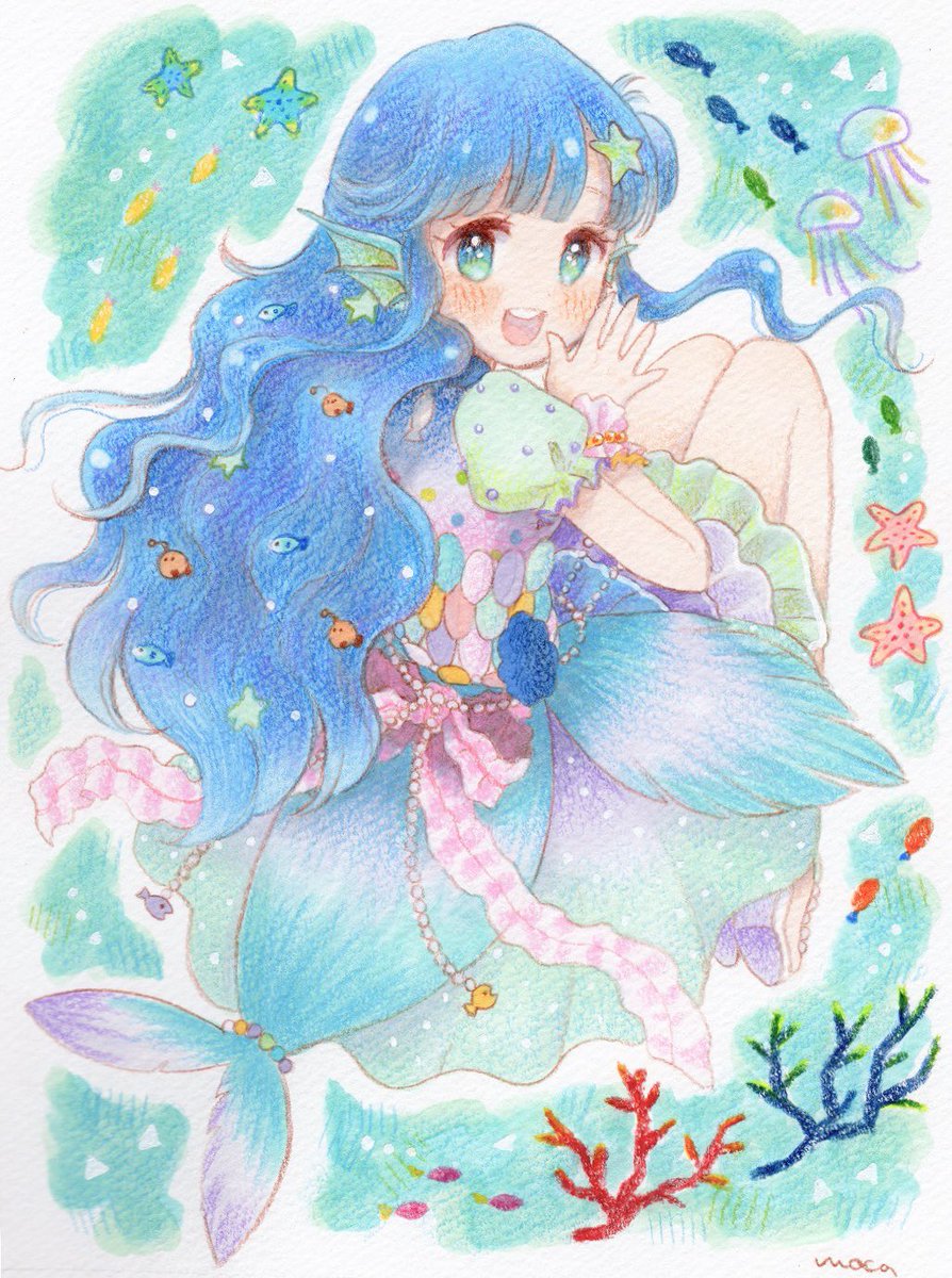 1girl blue hair long hair solo smile fish blue eyes  illustration images