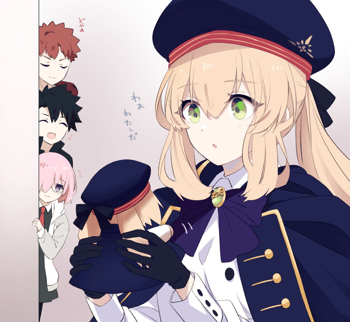 artoria caster (fate) ,artoria caster (second ascension) (fate) ,artoria pendragon (fate) ,emiya shirou ,fujimaru ritsuka (male) ,senji muramasa (fate) multiple girls green eyes blonde hair 2girls hat gloves holding  illustration images