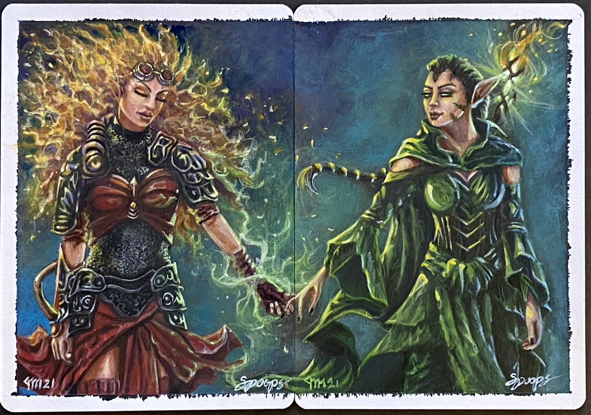 Chandra &amp; Nissa by Julie Spoops Myrfors on the back of a Sisters of the Flame and Elves of Deep@Shadow AP