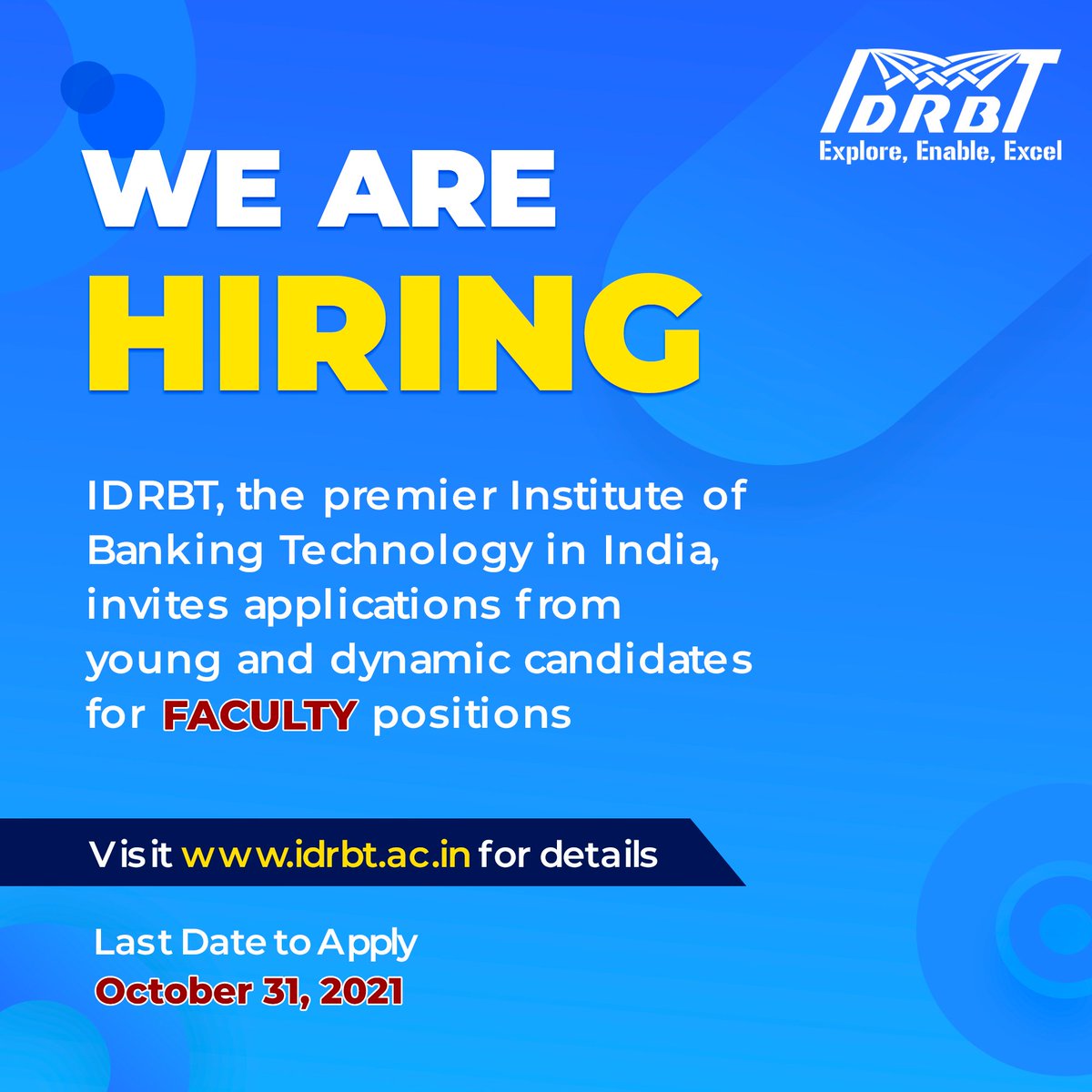 IDRBT's tweet image. Checkout opportunities @ idrbt.ac.in/careers.html

#idrbt #career #careers #recruiting #recruitment2021 #careeropportunities #Assistant_Professors #aiml #Blockchain #faculty #5g #Jobs #jobopportunities #opportunities