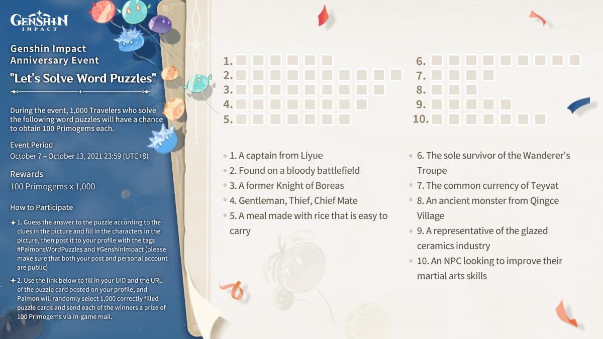 Jim7296's tweet photo. Let's Solve Word Puzzles!

1. Beidou
2. Dendrobium
3. Ravenwood
4. Parsifal
5. Onigiri
6. Kreuzlied
7. Mora
8. Chi 
9. Ruoyu
10. Asakura

#PaimonsWordPuzzles 
#GenshinImapct https://t.co/n2Hf5GjAM7