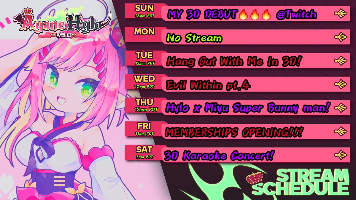 HyloVT's tweet photo. 🔥 Stream Schedule 🔥
👻Week of October 10th - October 16th~!👻
🔽Fan Tags🔽
#Hyillust
#Hylo3DDebut
#Hylol
#Hylarem
#PeasantHood
▶️Sunday is my 3D DEBUT!!!▶️ Will be @ https://t.co/7rYcDcat9L
▶️Friday I will be opening my YOUTUBE MEMBERSHIPS🔥🔥🔥
🎨art by @/MrmcYpppi https://t.co/Yrtib9T46E