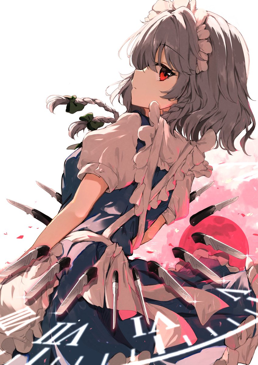 izayoi sakuya braid 1girl red eyes maid headdress short sleeves grey hair apron  illustration images