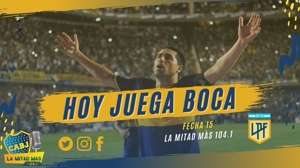 lamitadmas104's tweet photo. 🎉 Hoy juega Boca 🎉

☑️ Liga Profesional - Fecha 15 ☑️

⚽ Boca vs Lanús ⚽

🕚 20:15hs 🕚

🏟 La Bombonera 🏟

👤 Pablo Echavarría 👤

📺 Fox Sports Premium 📺

📻 @Cadena_Xeneize 📻

#LaMitadMas104 #DiegoEterno
#VamosBoca #LigaProfesional #Boca #BocaJuniors #Boquita #LaBoca https://t.co/nGnD7GjfXS