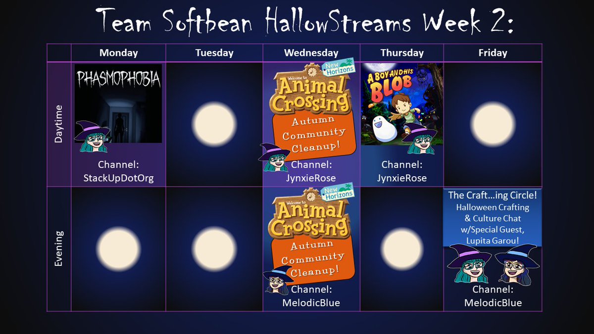 TeamSoftBean's tweet photo. #HallowStreams Week 2 calendar has been released! #ACNH Autumn Community Cleanup day on Wednesday, and Friday we have an awesome mix of Crafting and Culture with special guest Lupita Garou of #LarpingInColor! https://t.co/JwGetT4gAe