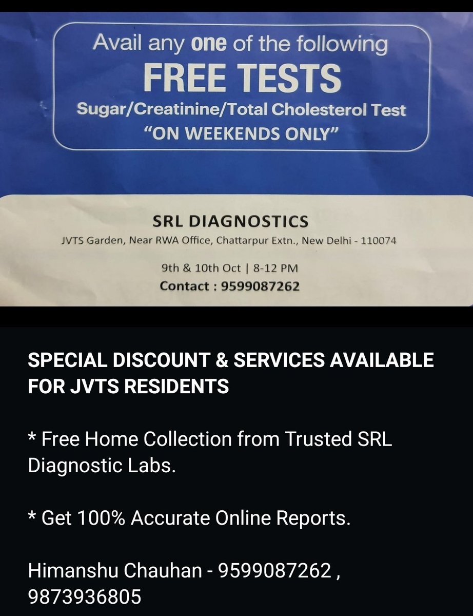 Manshu101's tweet photo. @jvtsrwa 
SPECIAL DISCOUNT AND FREE HOME COLLECTION AVAILABLE FOR  JVTS RESIDENTS 
#JVTS @jvtsrwa
100% Accurate Online Reports. Book an Appointment Now for Home Collection!!

Thank You, 
Himanshu Chauhan 
SRL Diagnostic Group 
Add - H5/16 Malviya Nagar 
New Delhi  - 110017 https://t.co/ihEtmljLzZ