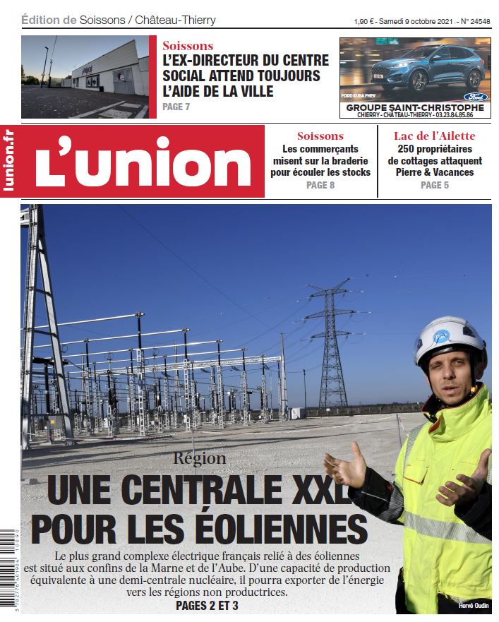 _lunion's tweet photo. À la Une des éditions de L’union Aisne ce samedi, aux confins de l’Aisne et de la Marne, le plus grand site électrique français relié à des éoliennes

#Laon #Soissons
Consultez votre édition en ligne 
➡  https://t.co/1xJfpn3s25 https://t.co/MkuY6x7GV1