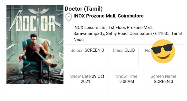 Ragunanthen1992's tweet photo. #ShowTime 📽️: #Doctor ⚕️
#Sivakarthikeyan 😎
🎬: Inox, Coimbatore CBE
Screen 3, @INOXMovies
@Siva_Kartikeyan @priyankaamohan @Nelsondilpkumar @anirudhofficial https://t.co/krKkdftFW7