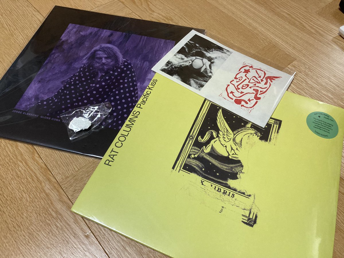 catortiger's tweet photo. ちゃんと?円盤も買いましたよ!待望のRat Columnsと1番欲しいやつがなかなか入らないJorge Elbrecht。届くのが遅れたそうでこの前出た新譜(既に購入済み)のピンズも頂きました。この人自主レーベルだから難しいかもしれないけど仮面ジャケのやつのもう一回出して!😫
#RatColumns #JorgeElbrecht https://t.co/PsLiZE0Nwl