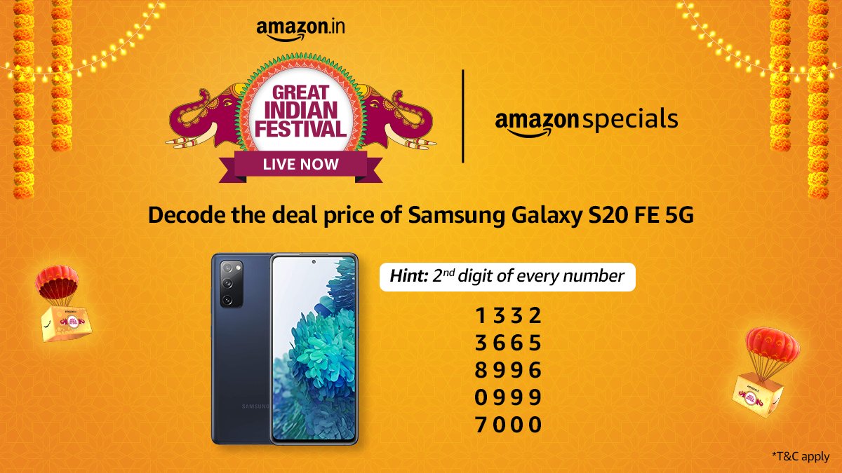 Tell us the correct deal price and stand a chance to win a Samsung Galaxy S20 FE 5G. Use #AmazonGreatIndianFestival and #SamsungGalaxyS20FE5GOnAmazon in your comment to boost your chances of winning. This contest ends at 2:00 pm today